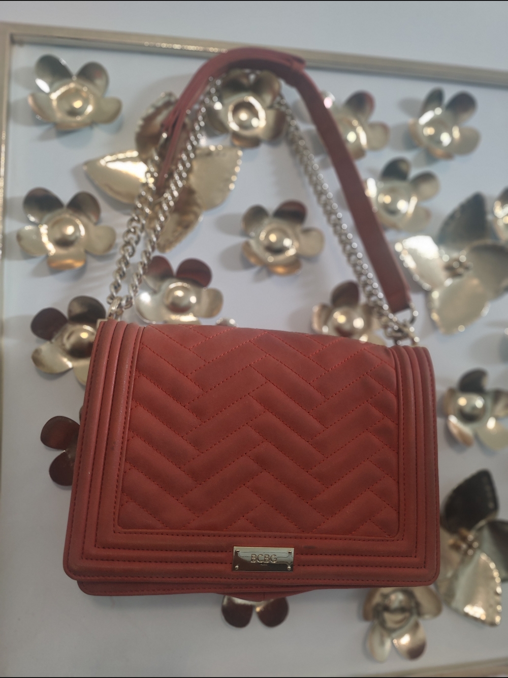 BCBG Tangerine peach Quilted Chain-Strap Shoulder Bag